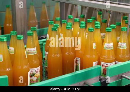 Welsleben, Deutschland. September 2025. Apfelsaftflaschen laufen über ein Förderband bei der Apfelweinpresse Natho`s Säfte GmbH der traditionelle Getränkehersteller nimmt seit Mitte August an insgesamt zwei Sammelstellen im Umkreis von rund 100 Kilometern überwiegend kleine Mengen Obst an, um Natursaft in verschiedenen Sorten herzustellen. Quelle: Peter Gercke/dpa/Alamy Live News Stockfoto